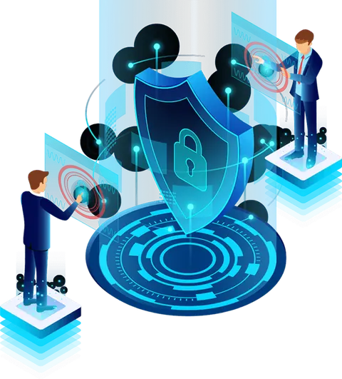 Illustration of a security shield protecting connected servers